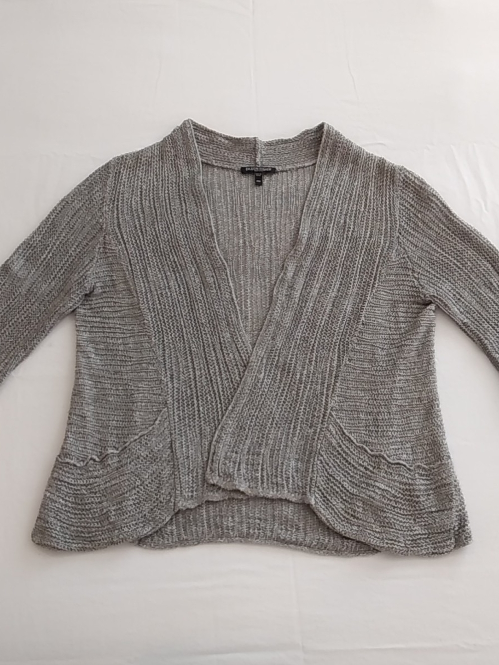 Eileen Fisher Gray Silk, Linen Open-Front Knit Cardigan Size Medium Petite Cozy